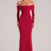 Depny off-shoulder maxi-jurk met lange mouwen in kersenrood