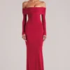 Depny off-shoulder maxi-jurk met lange mouwen in kersenrood
