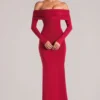 Depny off-shoulder maxi-jurk met lange mouwen in kersenrood