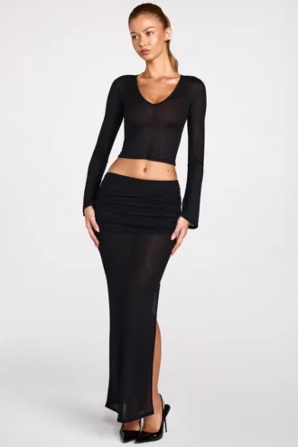 Diana doorschijnende jersey maxi-rok met lage taille en drapering in zwart