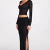Diana doorschijnende jersey maxi-rok met lage taille en drapering in zwart
