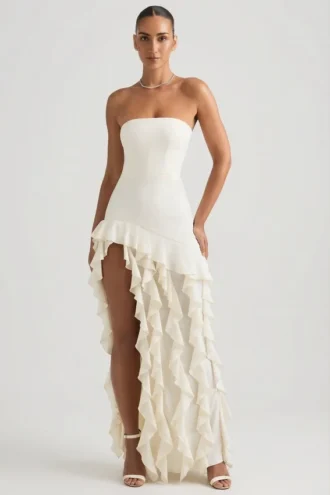 Diletta strapless jurk met ruches in ivoor