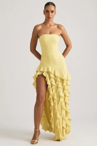 Diletta strapless jurk met ruches in pastelgeel