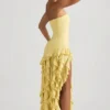 Diletta strapless jurk met ruches in pastelgeel