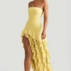 Diletta strapless jurk met ruches in pastelgeel