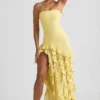 Diletta strapless jurk met ruches in pastelgeel