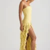 Diletta strapless jurk met ruches in pastelgeel