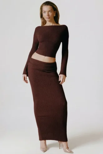 Edalene geribbelde maxi-rok met omslag in Espresso