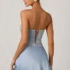 Eden versierde gedrapeerde strapless A-lijn mini-jurk in hemelsblauw