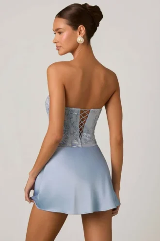 Eden versierde gedrapeerde strapless A-lijn mini-jurk in hemelsblauw