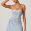Eden versierde gedrapeerde strapless A-lijn mini-jurk in hemelsblauw