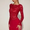 Eirlys doorschijnende kanten minijurk met boothals in True Red