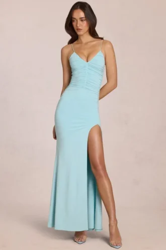 Elanora maxi-jurk met diepe V-hals in zacht aqua