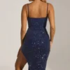 Eliora versierde gedrapeerde corset-midaxi-jurk in middernachtblauw