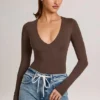 Elodie Modal Plunge body met lange mouwen in chocoladebruin