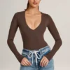 Elodie Modal Plunge body met lange mouwen in chocoladebruin