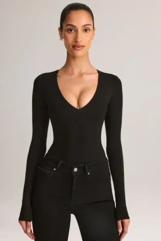 Elodie Modal Plunge body met lange mouwen in zwart