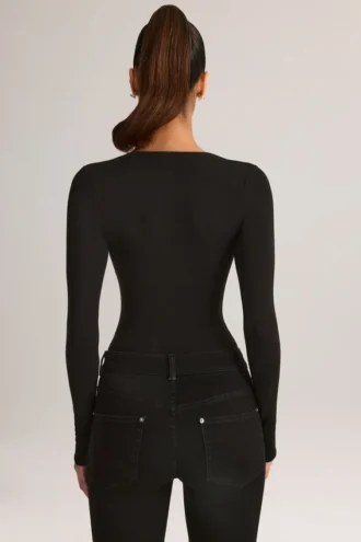 Elodie Modal Plunge body met lange mouwen in zwart