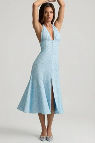 Elonia halternek midi-jurk met blauwe bloemenprint
