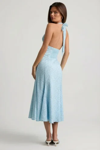 Elonia halternek midi-jurk met blauwe bloemenprint