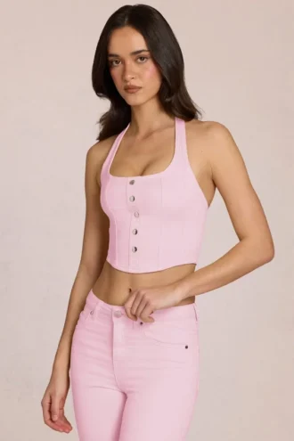 Elowis Denim Haltertop in Corsetstijl in Blossom Pink