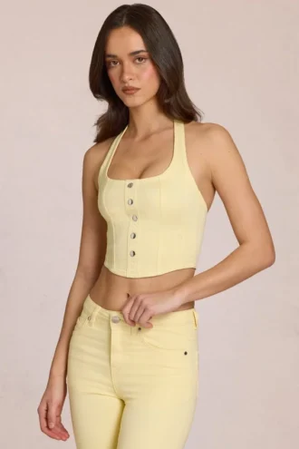 Elowis denim haltertop in corsetstijl in citroengeel