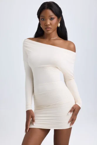 Elsa Modal off-shoulder minijurk met ruches in ivoor