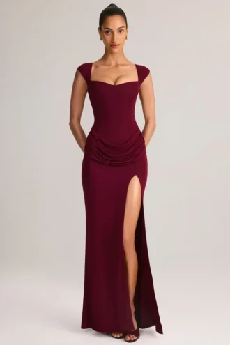 Elva Modal sweetheart-hals maxi-jurk met cowl-taille in wijnrood