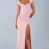 Elva Modal Sweetheart-Neck Cowl-Waist Maxijurk in Blush Pink