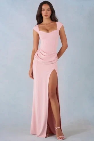 Elva Modal Sweetheart-Neck Cowl-Waist Maxijurk in Blush Pink