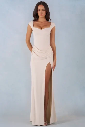 Elva Modal Sweetheart-Neck Cowl-Waist Maxijurk in Ivory