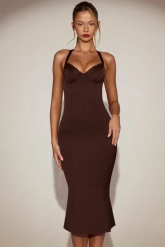Elyra satijnen sweetheart bustier fishtail midaxi-jurk in chocoladebruin