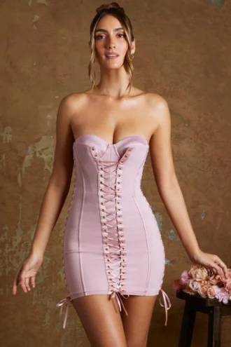 Emira korsetbandou-micromini-jurk met vetersluiting in mauve