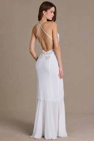 Emmeline chiffon jurk met col en open rug in wit