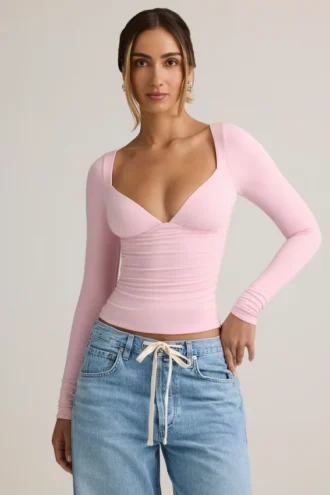 Emry Modal gerimpelde top met lange mouwen in babyroze