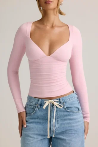 Emry Modal gerimpelde top met lange mouwen in babyroze