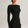 Eska Modal minijurk met boothals, drapering en lange mouwen in zwart