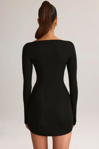 Eska Modal minijurk met boothals, drapering en lange mouwen in zwart