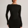 Eska Modal minijurk met boothals, drapering en lange mouwen in zwart