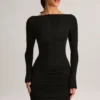 Eska Modal minijurk met boothals, drapering en lange mouwen in zwart