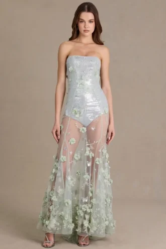 Estella versierde tule-corsetjurk in saliegroen