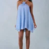 Evania halternek babydoll-minijurk met blauwe stippenprint