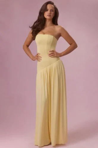 Evelina jersey strapless jurk in botergeel