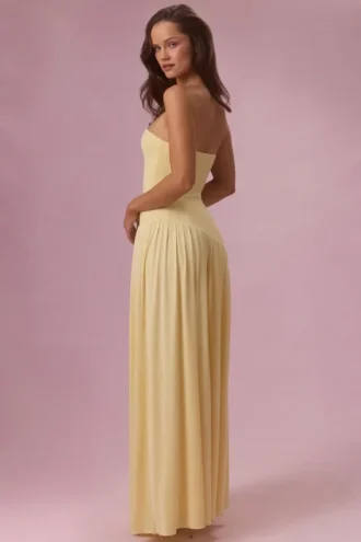 Evelina jersey strapless jurk in botergeel