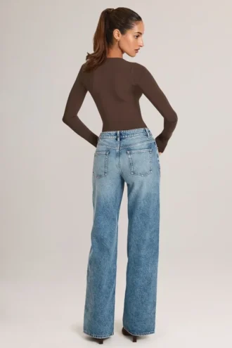 Faedra-jeans met rechte pijpen en trekkoord in mid-wash