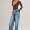 Faedra-jeans met rechte pijpen en trekkoord in mid-wash
