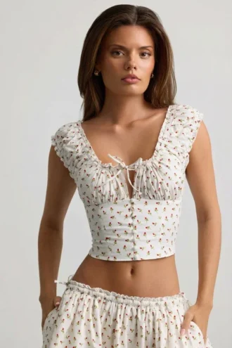 Faela gerimpelde katoen-popeline corset top met rozenprint