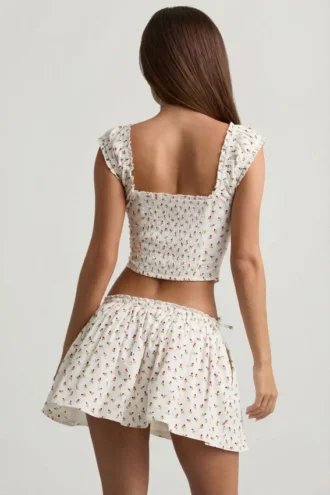 Faela gerimpelde katoen-popeline corset top met rozenprint