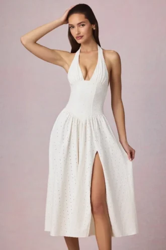 Farrah Modal Broderie Anglaise halternek midi-jurk in wit
