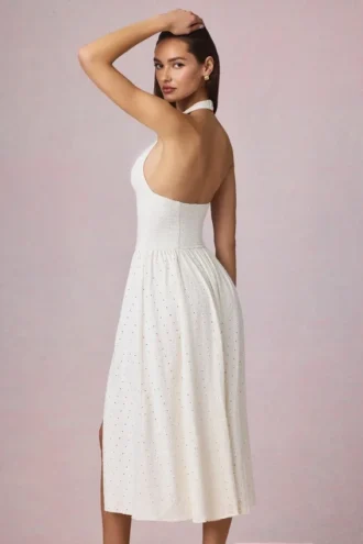 Farrah Modal Broderie Anglaise halternek midi-jurk in wit